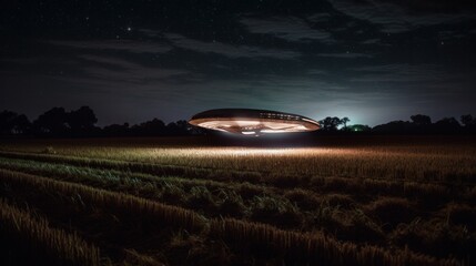 Fototapeta premium UFO alien ship low over the field at night. AI generative.