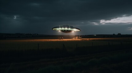 UFO alien ship low over the field at night. AI generative.