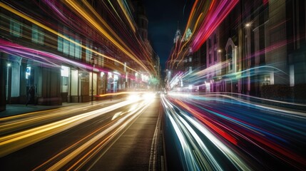 Fototapeta na wymiar Abstract long exposure photographs of a city in dynamic speed light trails. Generative AI