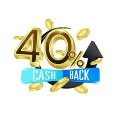 Black arrow revolves around gold 40% percent text with label cash back service blue and gold coin dollar. Financial payment label. Icon 3D file PNG for cash back advertising design.