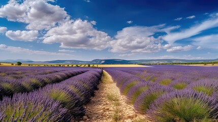 Naklejka na ściany i meble Stunning landscape with lavender field on sunny day. Generative AI