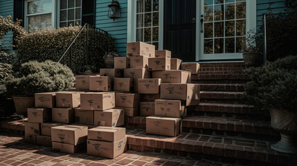 a big bunch of boxes delivered to a house. very large purchases or moving. ai generative