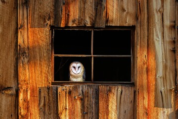 Closeup of a barn owl (Tyto alba) on a wooden window