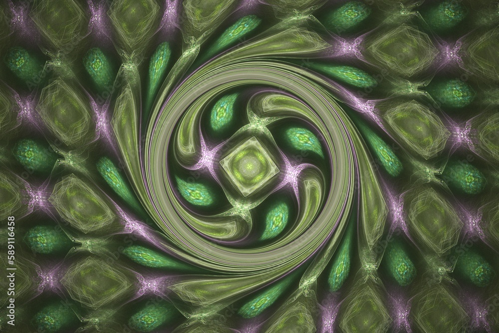 Poster green lilac swirling pattern of curved shapes and waves on a black background. abstract fractal 3d r