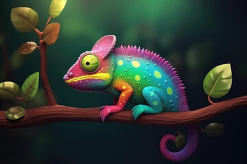 colorful Cute Cartoon Chameleon on branch, generative Ai