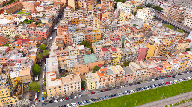 Aerial view of the Pigneto district in Rome, Italy. It is a residential area with many buildings and near the railway tracks.