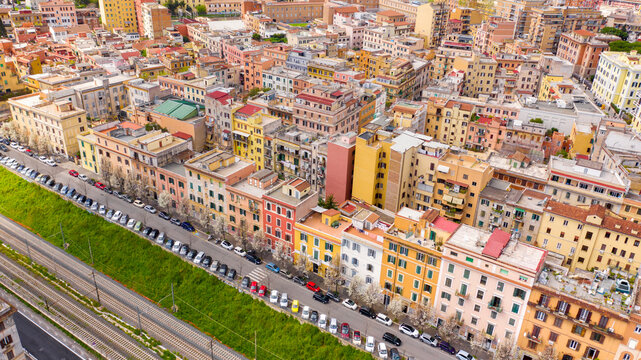 Aerial view of the Pigneto district in Rome, Italy. It is a residential area with many buildings and near the railway tracks.