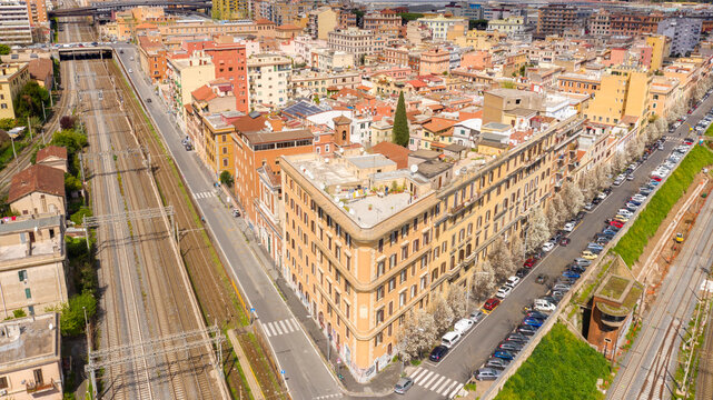 Aerial view of the Pigneto district in Rome, Italy. It is a residential area with many buildings and near the railway tracks.