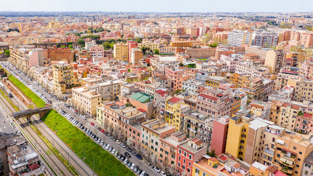 Aerial view of the Pigneto district in Rome, Italy. It is a residential area with many buildings and near the railway tracks.