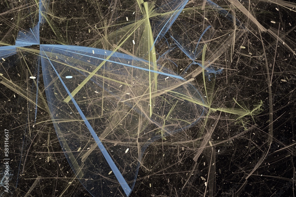 Poster green blue pattern of curved shapes and strokes on a black background. abstract fractal 3d rendering