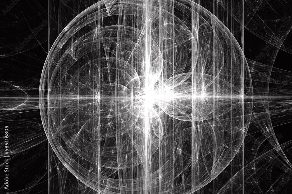 Aufkleber white round pattern of crooked waves and rays on a black background. abstract fractal 3d rendering