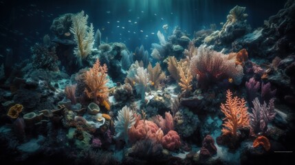 Naklejka na ściany i meble Beautiful seabed with corals. AI generative.