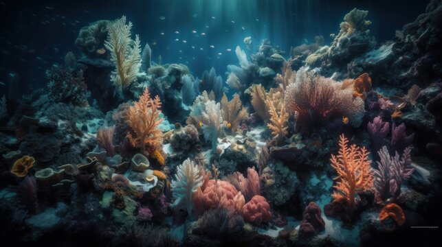 Beautiful seabed with corals. AI generative.