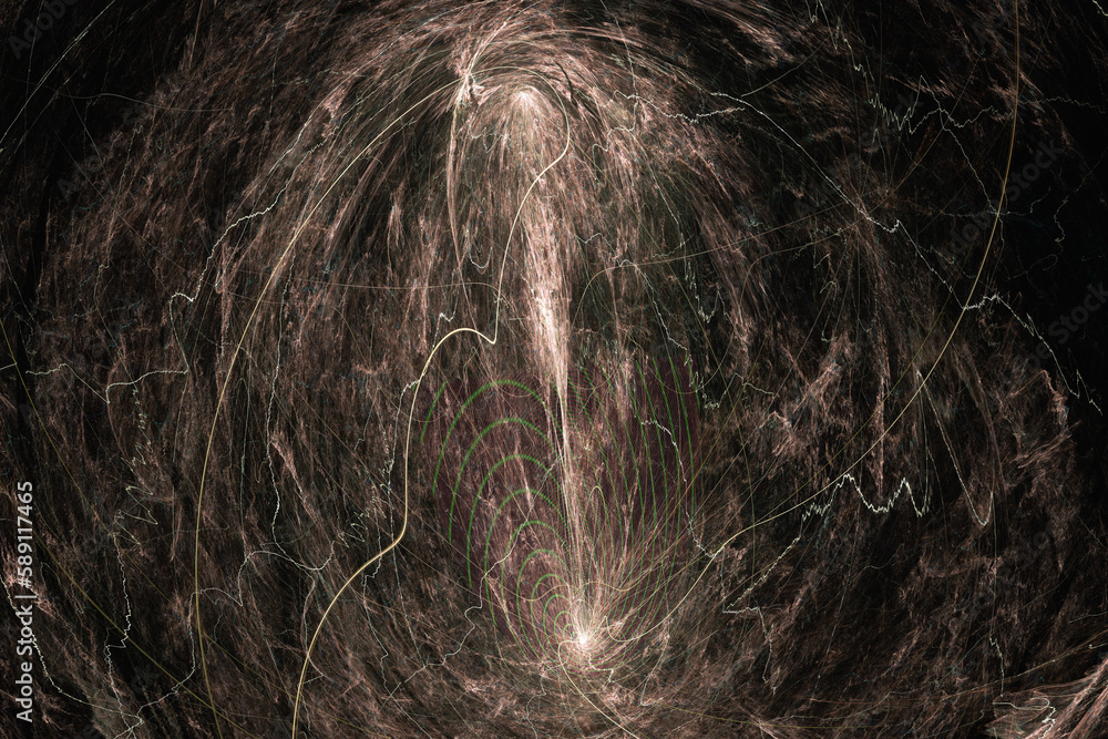 Poster pink green pattern of crooked waves and threads on a black background. abstract fractal 3d rendering