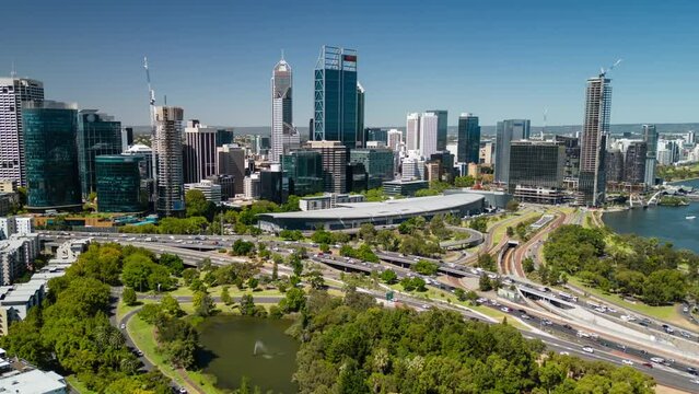 Aerial hyperlapse, dronelapse video of Perth city and highway traffic in Australia
