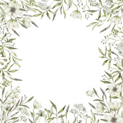 Floral frame square with space in the center. Wild field graceful herbs. Green leaves, field flowers isolated on white background. Botanical watercolor illustration for design, print or background