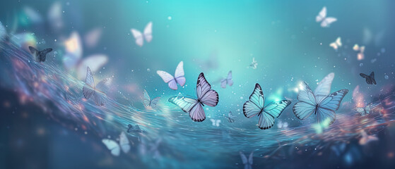Fototapeta na wymiar Flying butterflies on blurred background in soft colors in a fantasy world