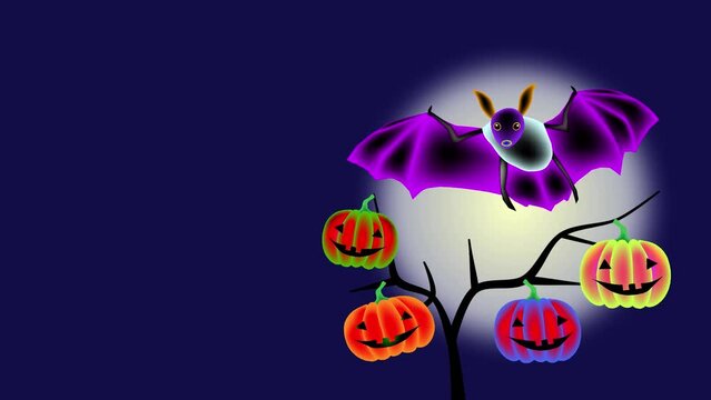 Cartoon colorful cute owl sits on a branch and flaps its wings. Laughing orange pumpkins on a dark background. With copy space.