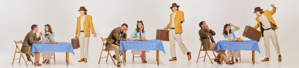 Collage with charming couple wearing retro clothes having date in cafe over light background. Banner