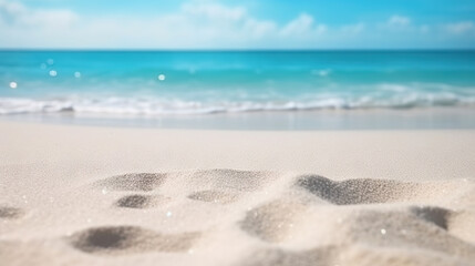 Fototapeta na wymiar White sandy beach on background of torqouise ocean and blue sky. Based on Generative AI