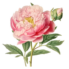 Vintage botany peony and green leaves on white background. Generated AI.