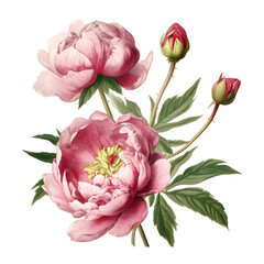 Vintage botany peony and green leaves on white background. Generated AI.