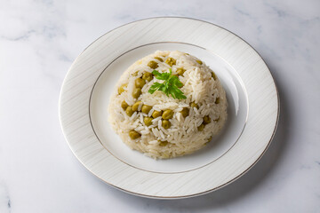 Traditional delicious Turkish foods; pea rice (Turkish name; Bezelyeli pilav)