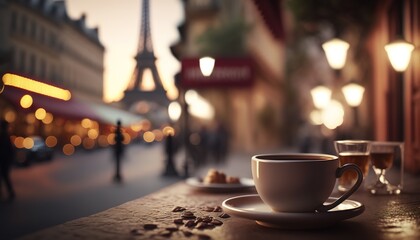 Ein leckerer Kaffee im Urlaub am Eiffelturm. Fiktive Straße in einer Stadt wie Paris im romantischen Licht zum Abend. Straßenkaffee oder Restaurant mit Blick auf Sehenswürdigkeit. Generativ KI