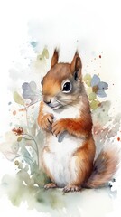 Animalistic allure, watercolor squirrel art adorned with floral accents, generative ai