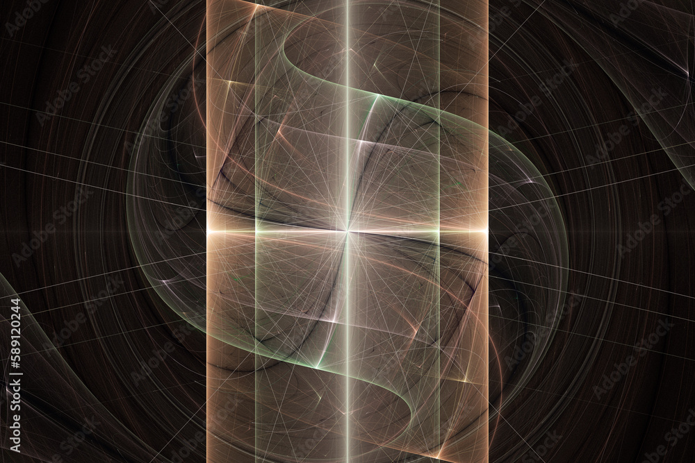 Aufkleber orange green glowing pattern of crooked waves and rays on a black background. abstract fractal 3d re