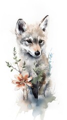 Floral fauna, watercolor puppy art with flower embellishments, generative ai