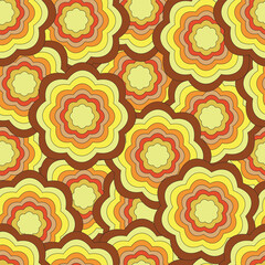 Seamless pattern in the style of the 70s - flowers, leaves, waves, shapes. Old textiles with botanical ornaments.
