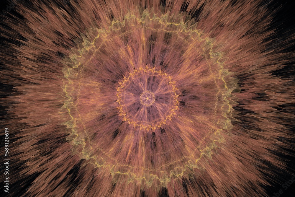 Aufkleber orange round floral pattern of crooked waves on a black background. abstract fractal 3d rendering