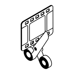 Video Editing isometric Concept, Film strip with scissor Vector outline Icon Design, FilmmakingSymbol, video production  equipment Sign, streaming media and film maker Stock illustration