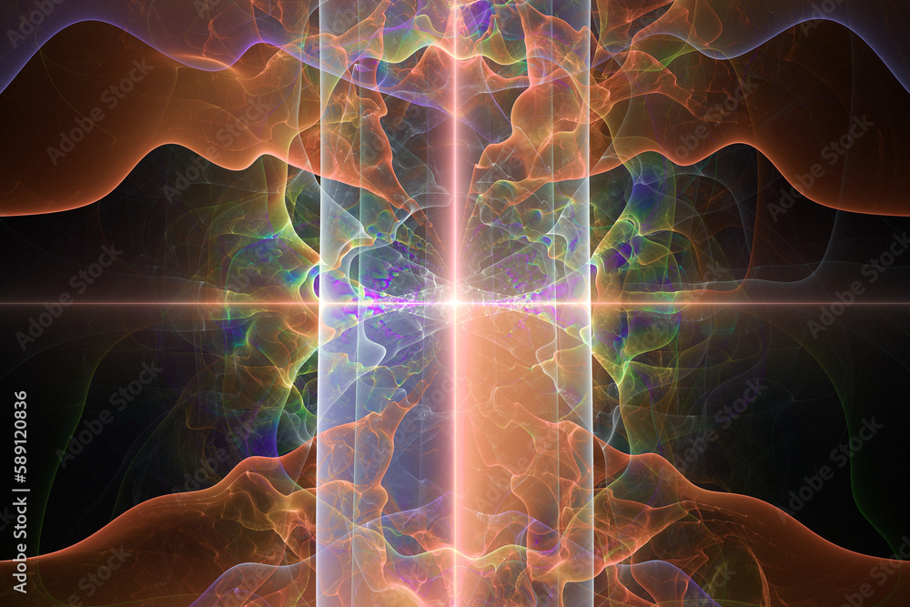 Aufkleber orange multi-colored luminous pattern of crooked waves and rays on a black background. abstract frac