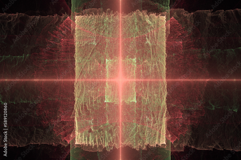 Aufkleber red green glowing pattern of crooked waves and rays on a black background. abstract fractal 3d rende