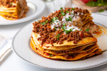 Turkish Food Kayseri Yaglama with Minced Meat, Yogurt and Tomato Paste