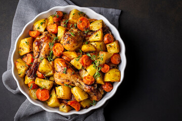 Baked chicken thighs and fried potatoes look delicious.