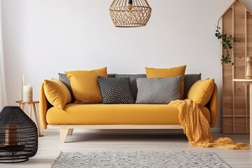 Light cozy room with yellow sofa, home interior with decor. Generative AI