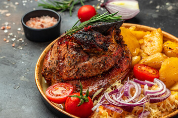 roasted pork leg with fried potatoes, Food recipe background. Close up