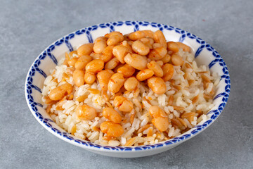 Traditional Turkish cuisine. Kuru Fasulye . Haricot Beans, rice and beans (Turkish name; pilav ustu kuru fasulye)