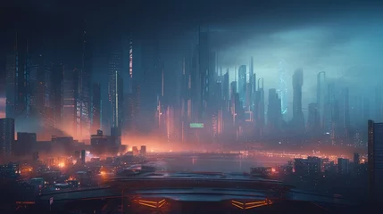 Foto op Canvas Insane dTNK: A hyper-detailed, futuristic cityscape driven by ChatGPT and displayed via HUID interfaces - a cyberpunk masterpiece of neon lights and fog, Generative AI © Georgy