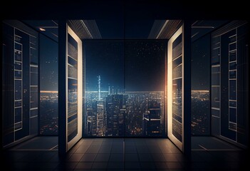 3D Rendering of wide angle view of abstract digital city from large empty window panel room. Led light reflection on ceiling and floor. Concept of big data, ai. For product show case. Generative AI
