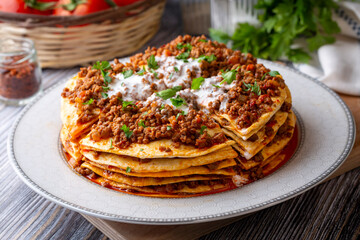 Turkish Food Kayseri Yaglama with Minced Meat, Yogurt and Tomato Paste