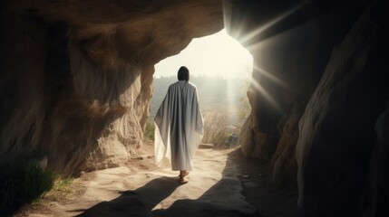 Jesus Christ in white clothes coming out from the cave. Resurrection of Jesus. AI generative. - obrazy, fototapety, plakaty