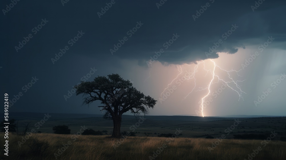 Poster lightning strikes a lonely tree. ai generative.