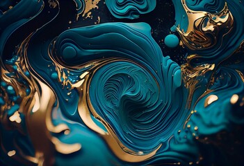 Paint Swirls in Beautiful Teal and Blue colors, with Gold Powder. Contemporary Acrylic Pour Background. Generative AI