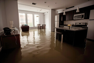 Flooded apartment with a lot of water on the floor. Created with Generative AI technology.