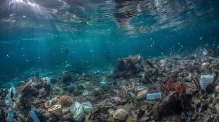 Obraz premium Many plastic bottles and bags at the sea bottom. AI generative.