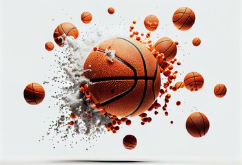 Basketball balls fly into the camera on white background. Sport concept. Generative AI
